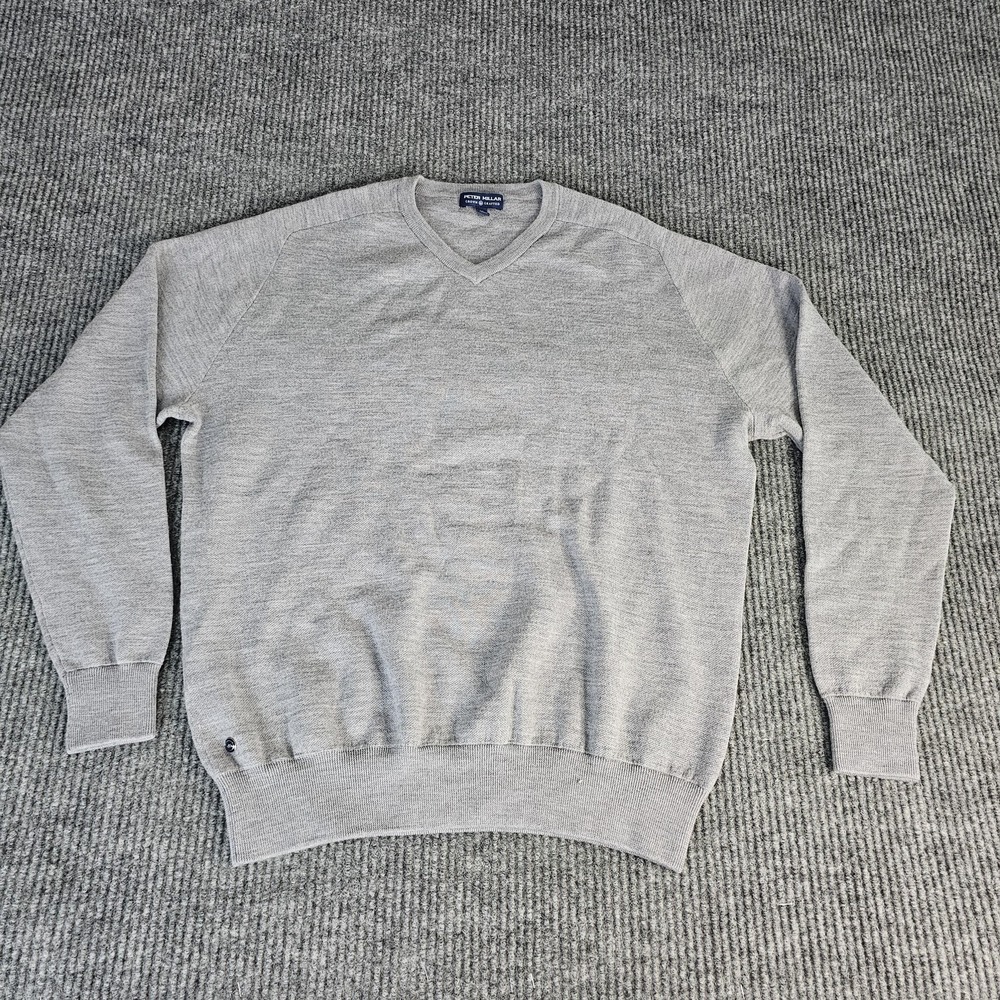 Peter Millar Sweater Mens  L XL Gray V Neck Merino Wool Knit Crown Logo Pullover